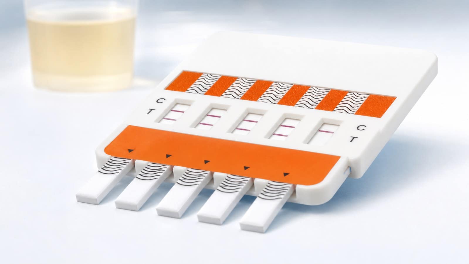 Multi-panel drug screening: one test panel shows a positive screening result and the others a negative screening result