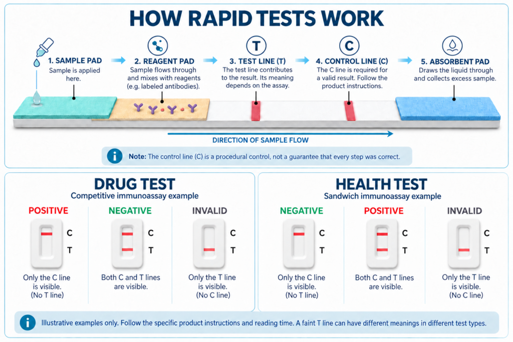 How rapid tests work: C and T lines explained 1 how the rapid test works – the structure of the rapid test, the flow of fluids and the interpretation of the drug and health test with C and T lines